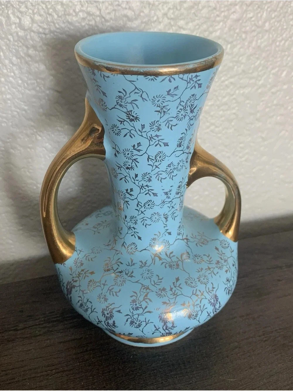 Pearl China Co Vintage Blue Floral Vase 22 KT Gold Double Handle Hand Decorated